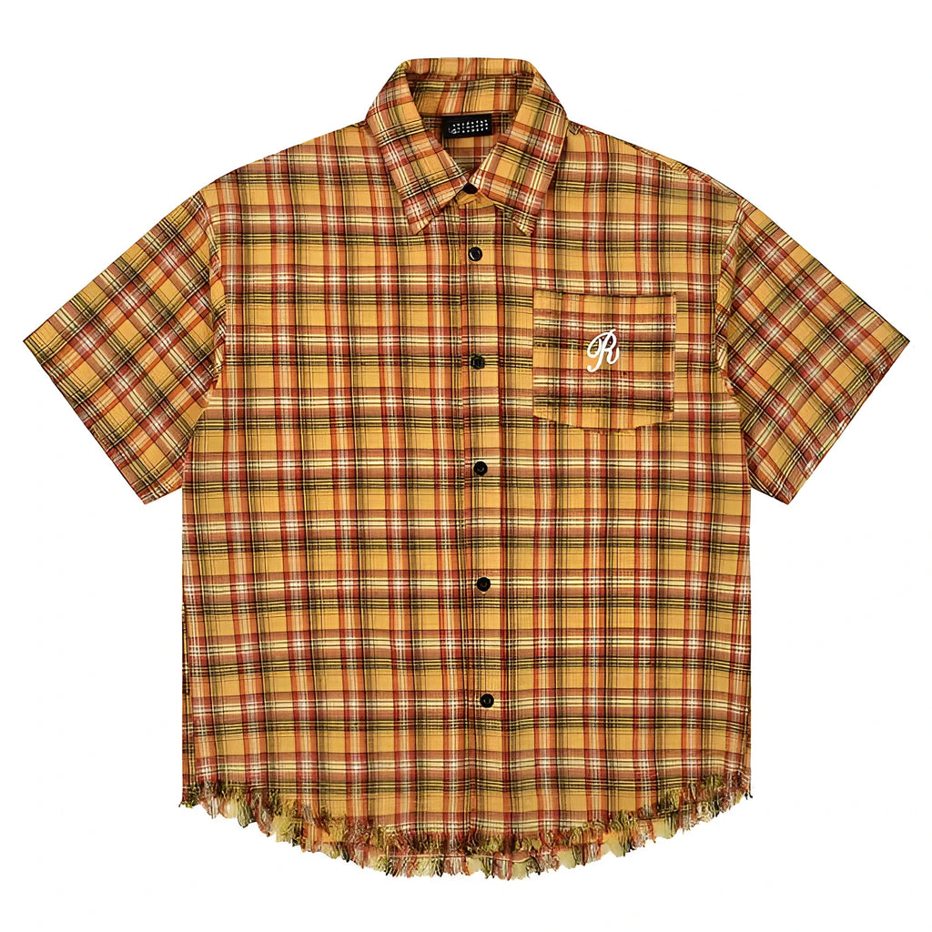 Yellow plaid short sleeve shirt with embroidered chest pocket, loose fit casual design