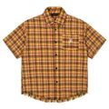 Yellow plaid short sleeve shirt with embroidered chest pocket, loose fit casual design