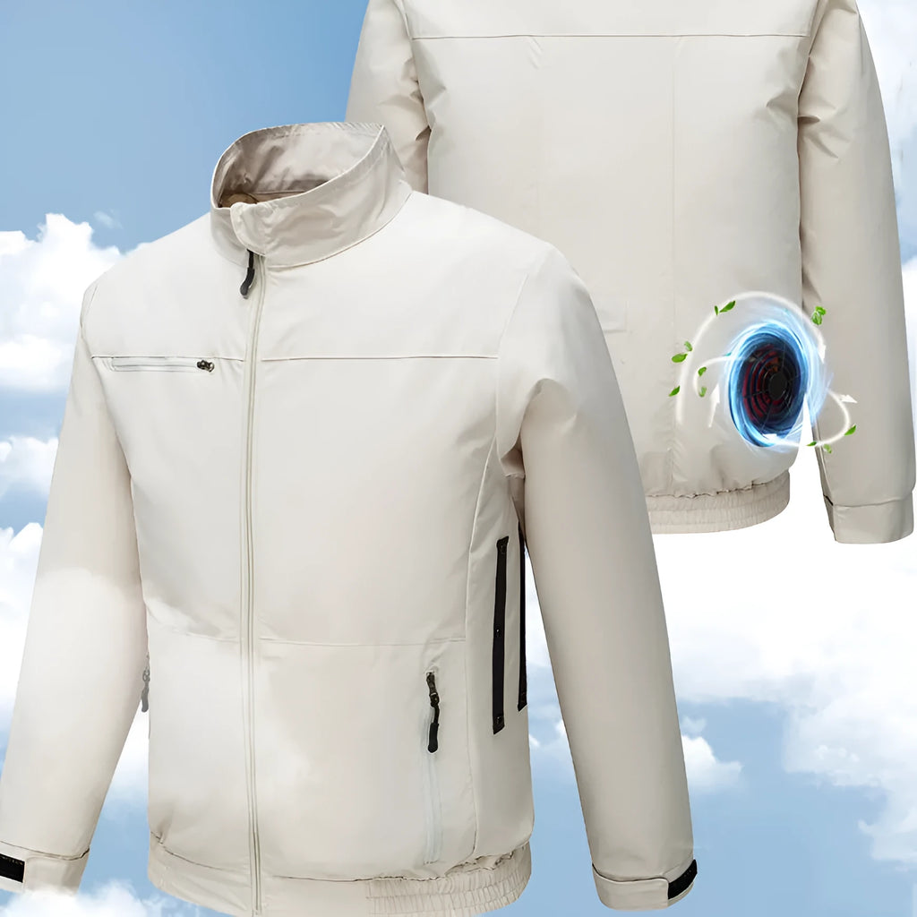Smart air conditioning outdoor work jacket with cooling fan in black or white with ventilation holes