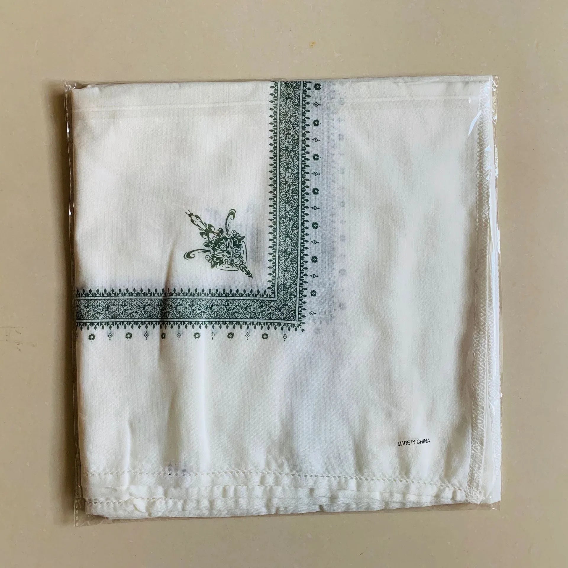 Printed square polyester scarf showing coffee colour option laid flat to display 138cm dimensions