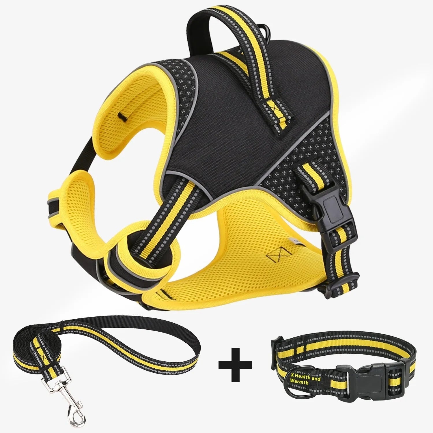 Yellow polyester dog training harness with anti-break loose design shown in S, M, L sizes