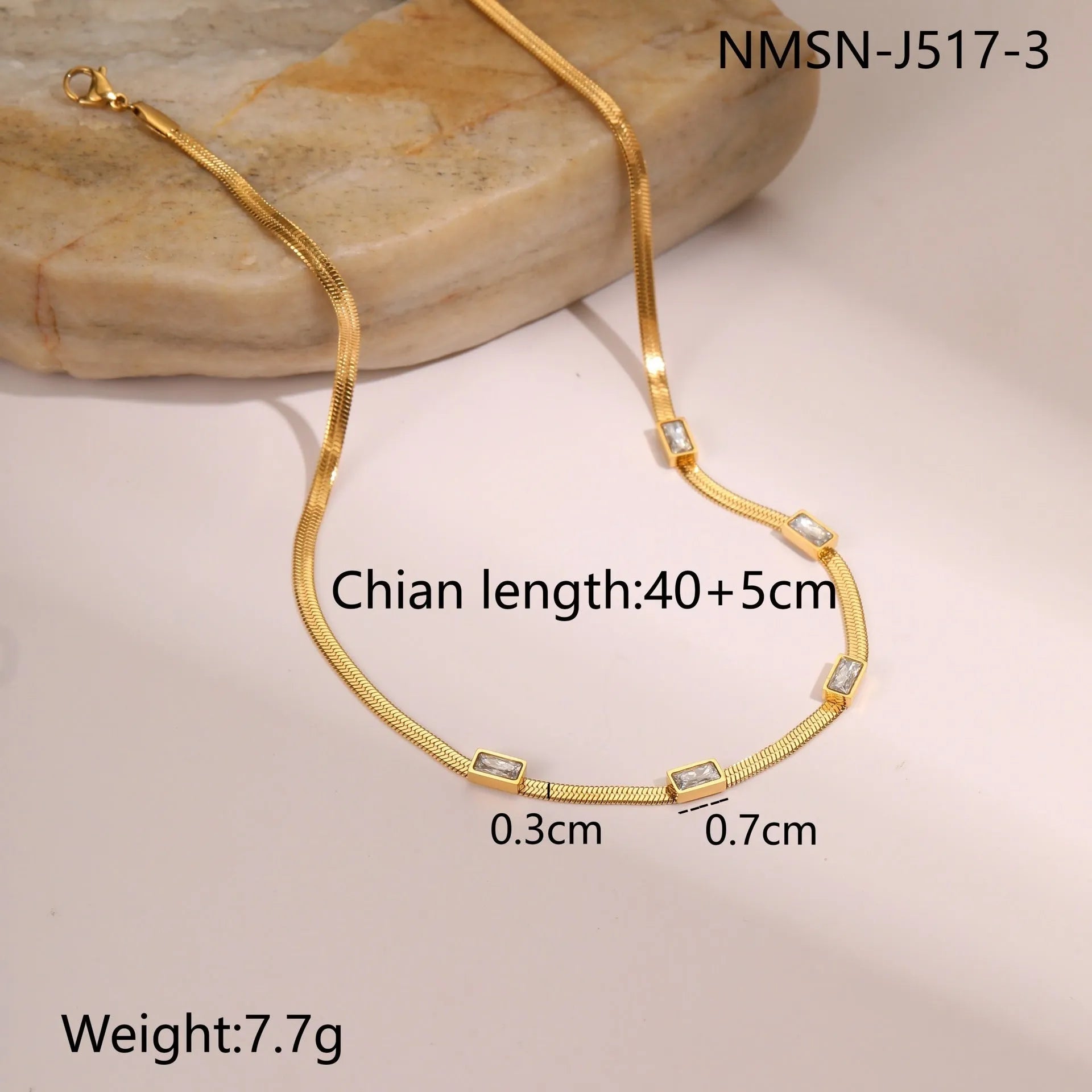 Geometric square zircon necklace with flat snake chain in gold colour finish