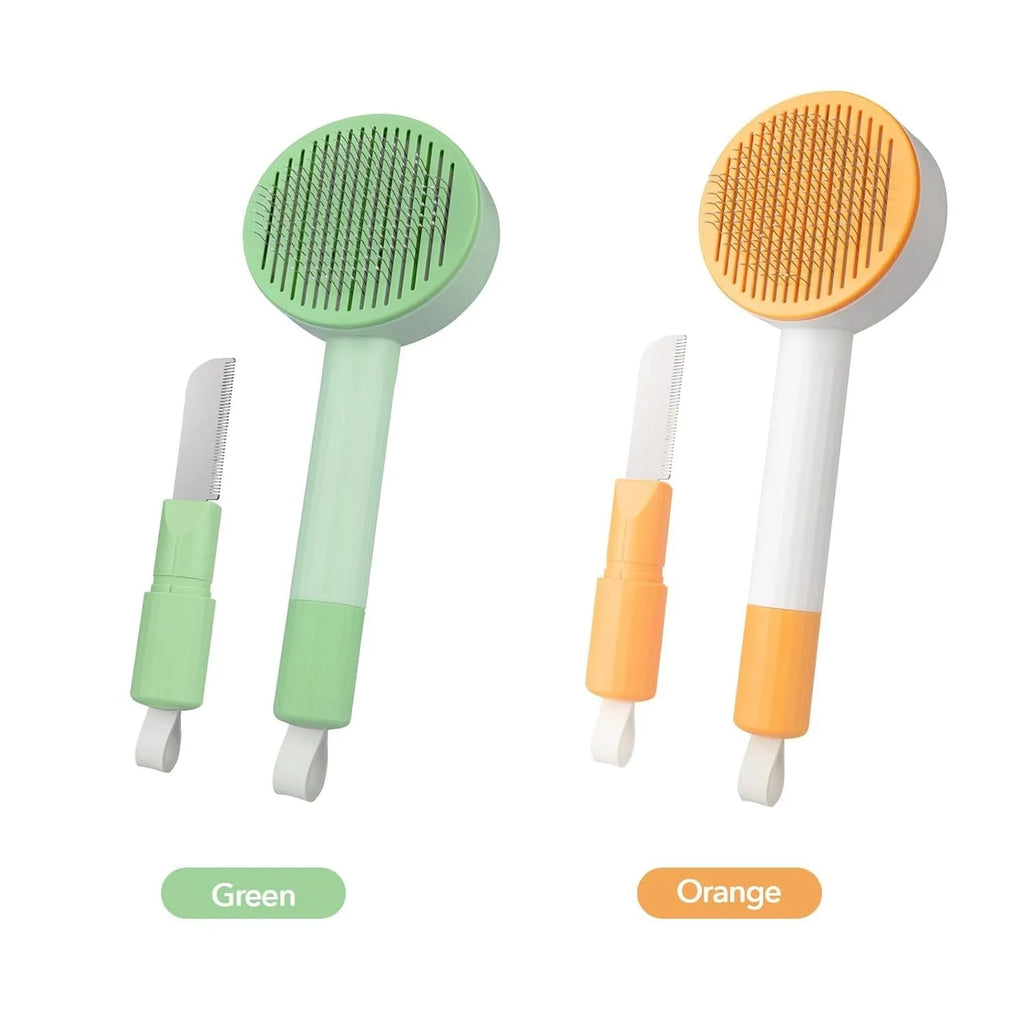 Green and yellow pet grooming brush with stainless steel teeth and hanging loop