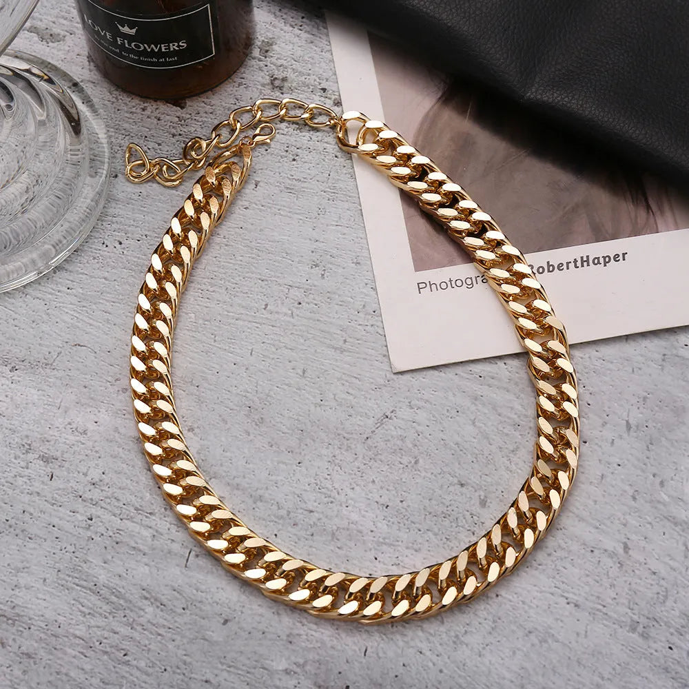 Gold colour thick chain women's necklace, 32cm long with a 6cm drop.
