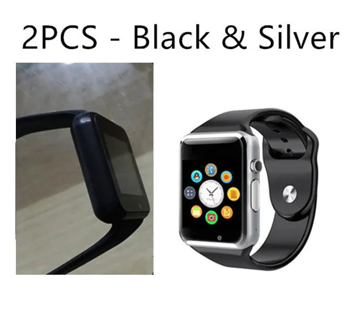A1 Smart Watch with touchscreen display showing interface, available in multiple colours including black, silver, blue