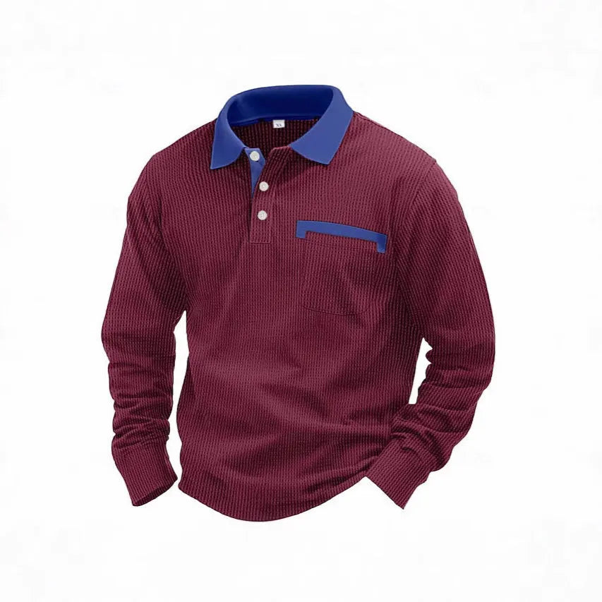 Men's long-sleeved waffle texture polo shirt with asymmetric design in available colours