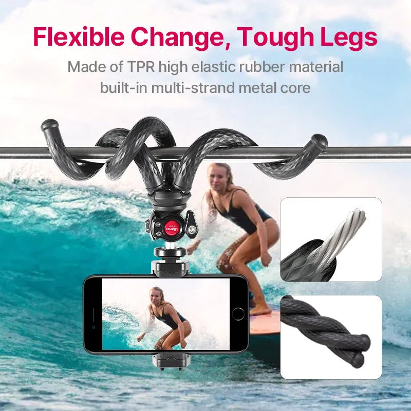 Black octopus-style mobile phone tripod with telescopic extension and attached phone clip