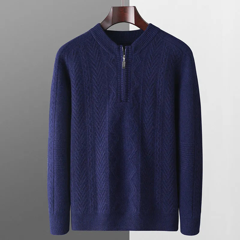 Man wearing a beige pure wool loose fit sweater with a diamond lattice pattern and a half-zip neck.