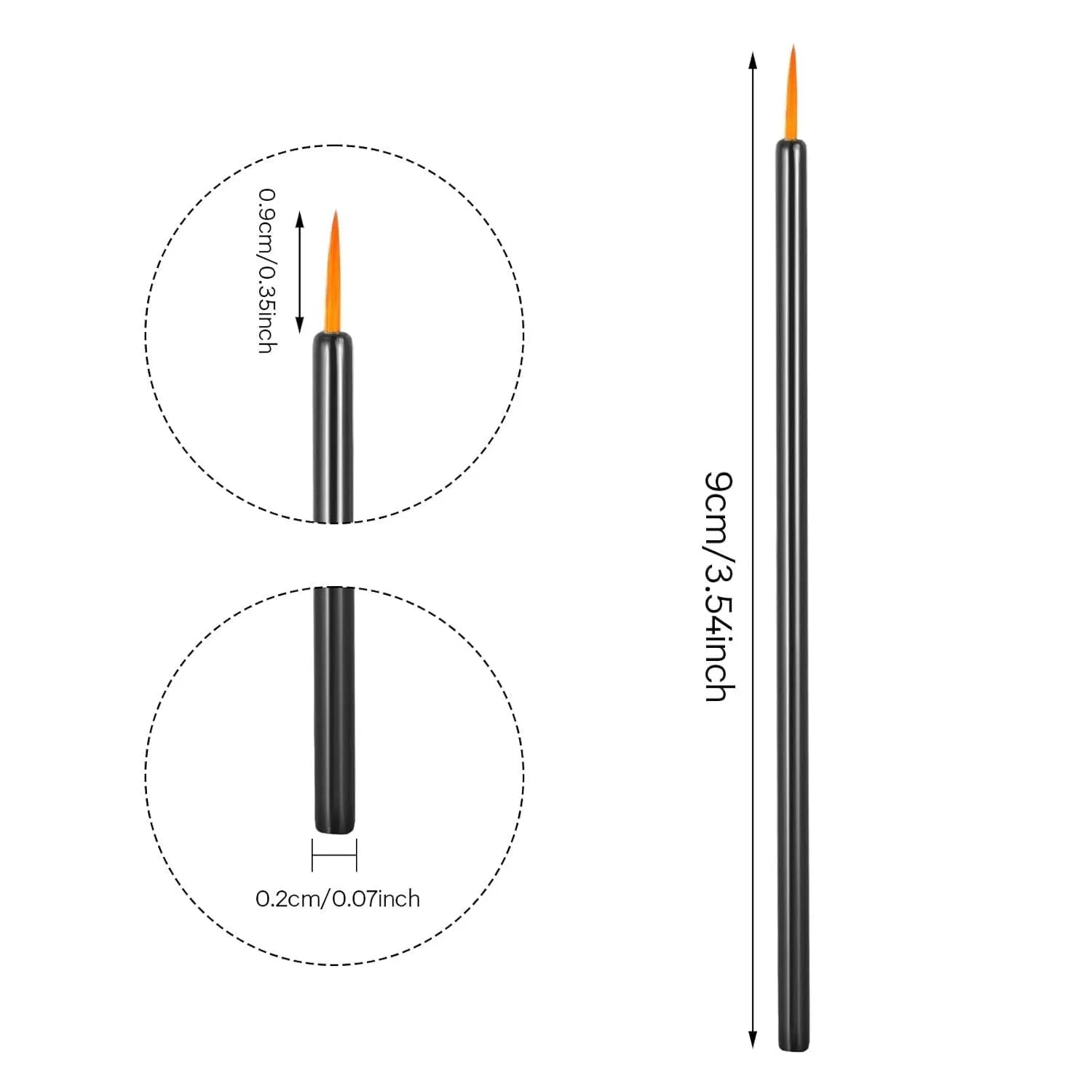 One hundred black disposable eyeliner brushes with fine pointed tips and clear plastic sleeves.