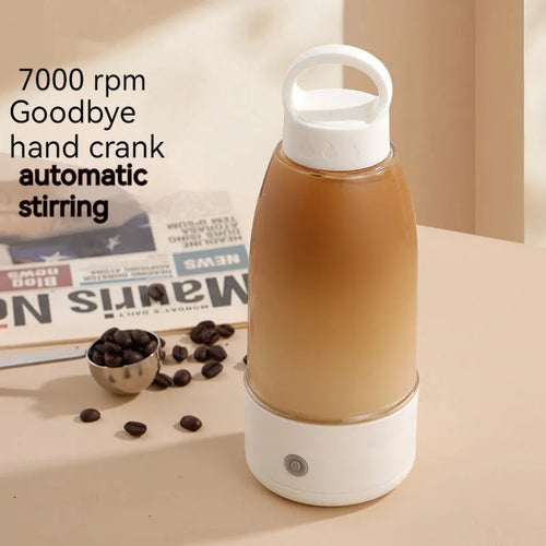 Green automatic electric shaker bottle with USB port, handle, and 380ml capacity.