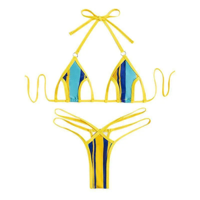 Yellow women's split swimsuit with neck-hanging style and hollow backless design
