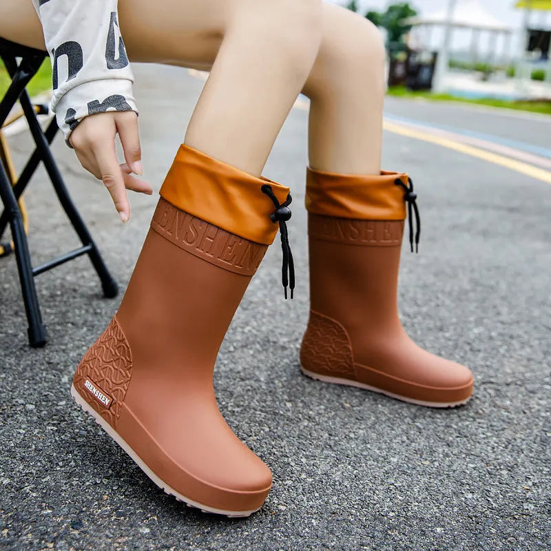 Women's solid colour PVC rain boots with non-slip soles in apricot waterproof mouth colour