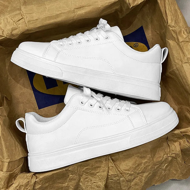 Men's white and black Korean-style low-top sneakers with round toe and rubber sole