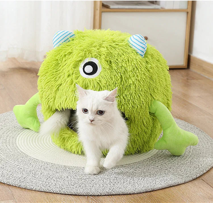 Fluffy round cat bed with plush material in three size options for indoor pets