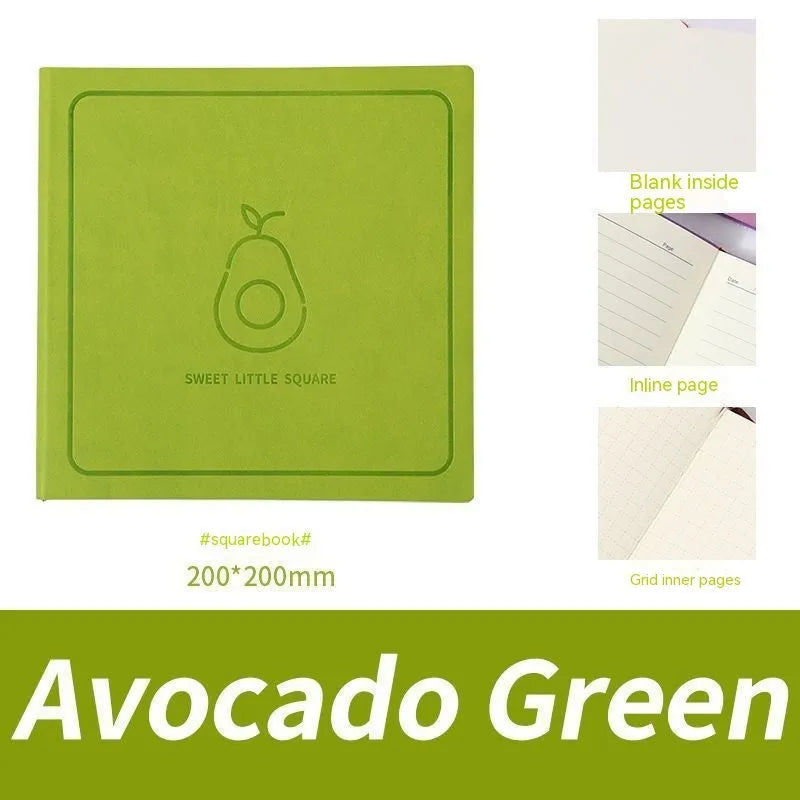 Square faux leather notebook with Daolin paper pages in peach pink, avocado green, and blueberry purple colour options