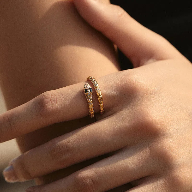 Adjustable snake-shaped copper index finger ring with 18K gold colour and diamond treatment
