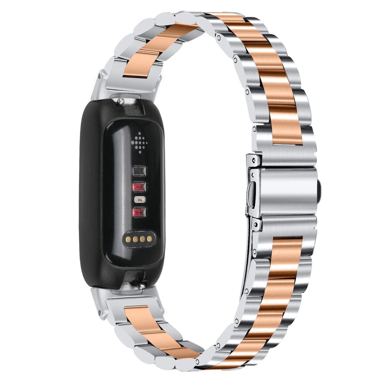 Stainless steel three-bead watch strap for Fitbit Inspire 3 fitness tracker showing adjustable clasp and bead detail