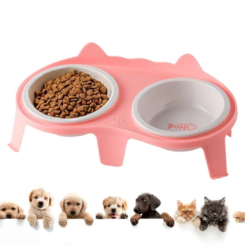 Blue elevated ceramic pet bowl set with two bowls and a stand with hook