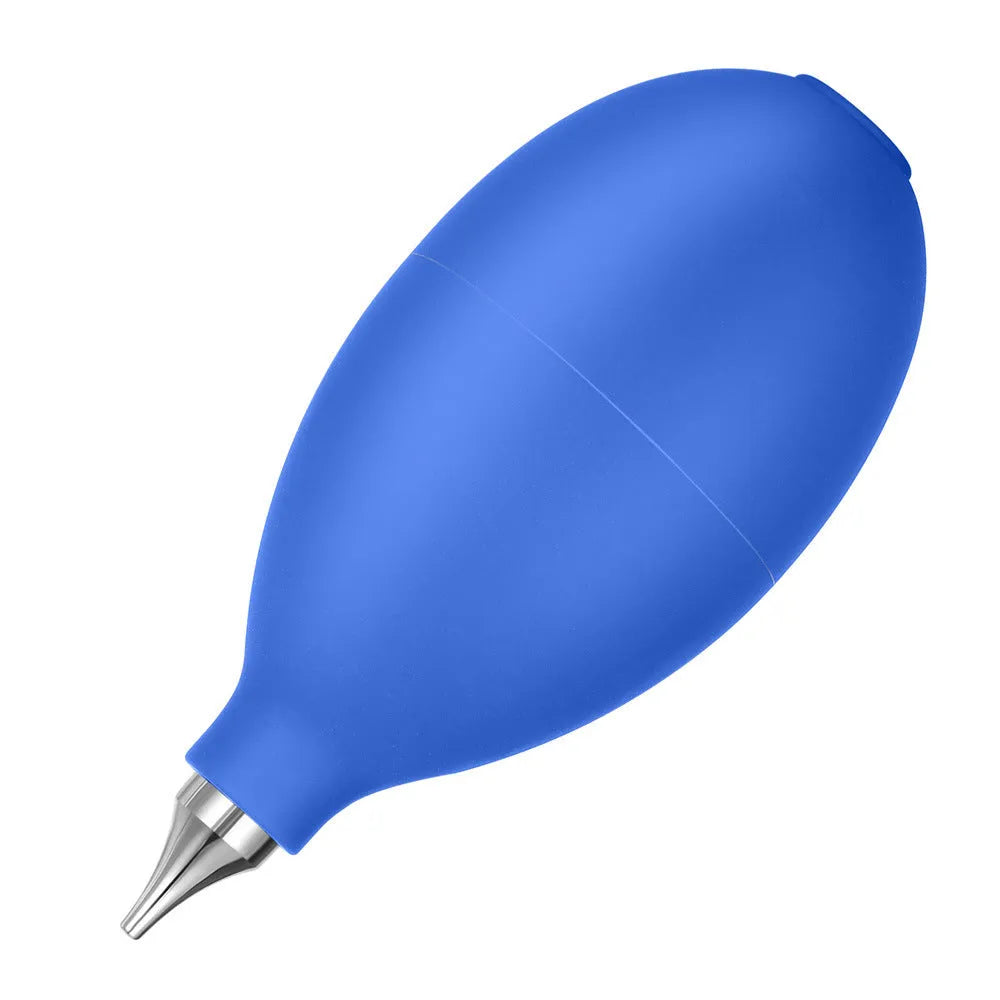 Blue and black rubber handheld dust removal ball for cleaning camera lenses and electronics.