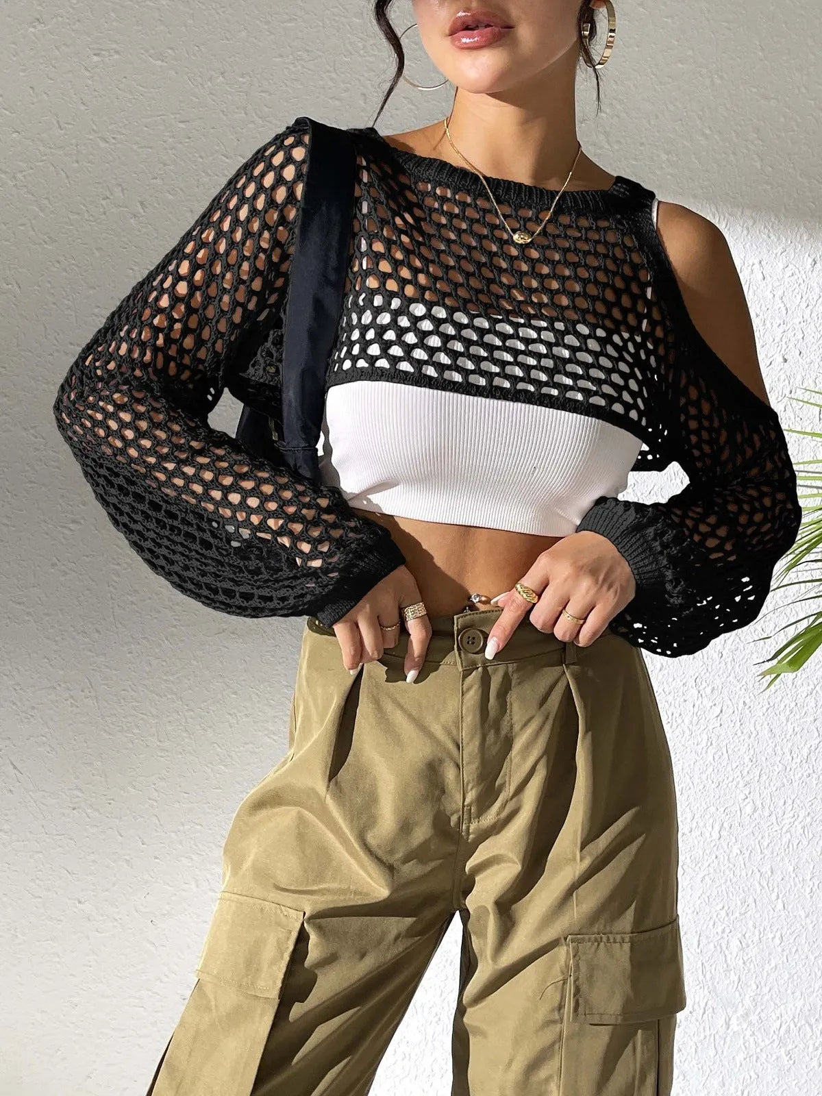 Mesh shirt with a hollowed navel design in a choice of colours including army green, black, and white.