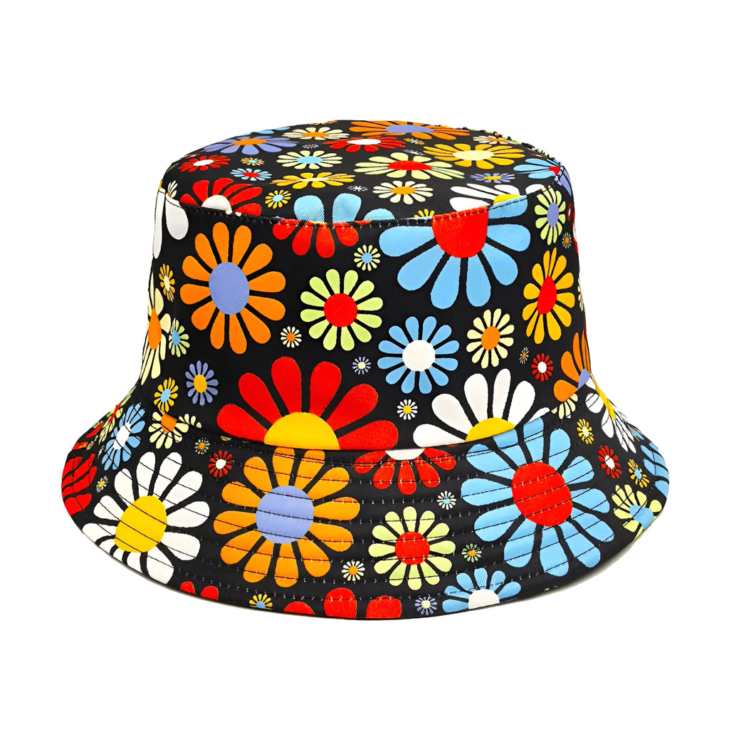 Colourful retro flower print polyester bucket hat with dome crown on white background.