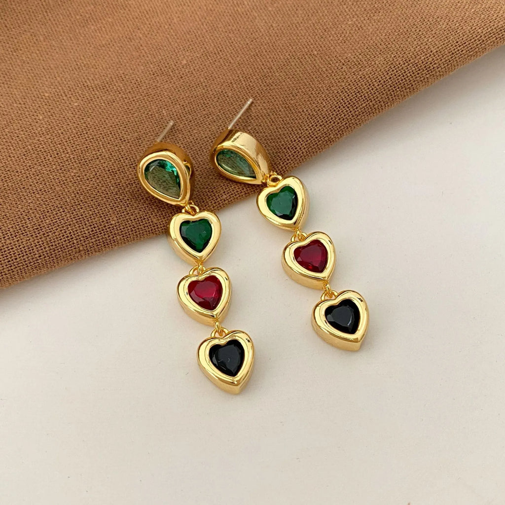 Heart pendant tassel ear clips in copper with inlaid zircon and European American style for women