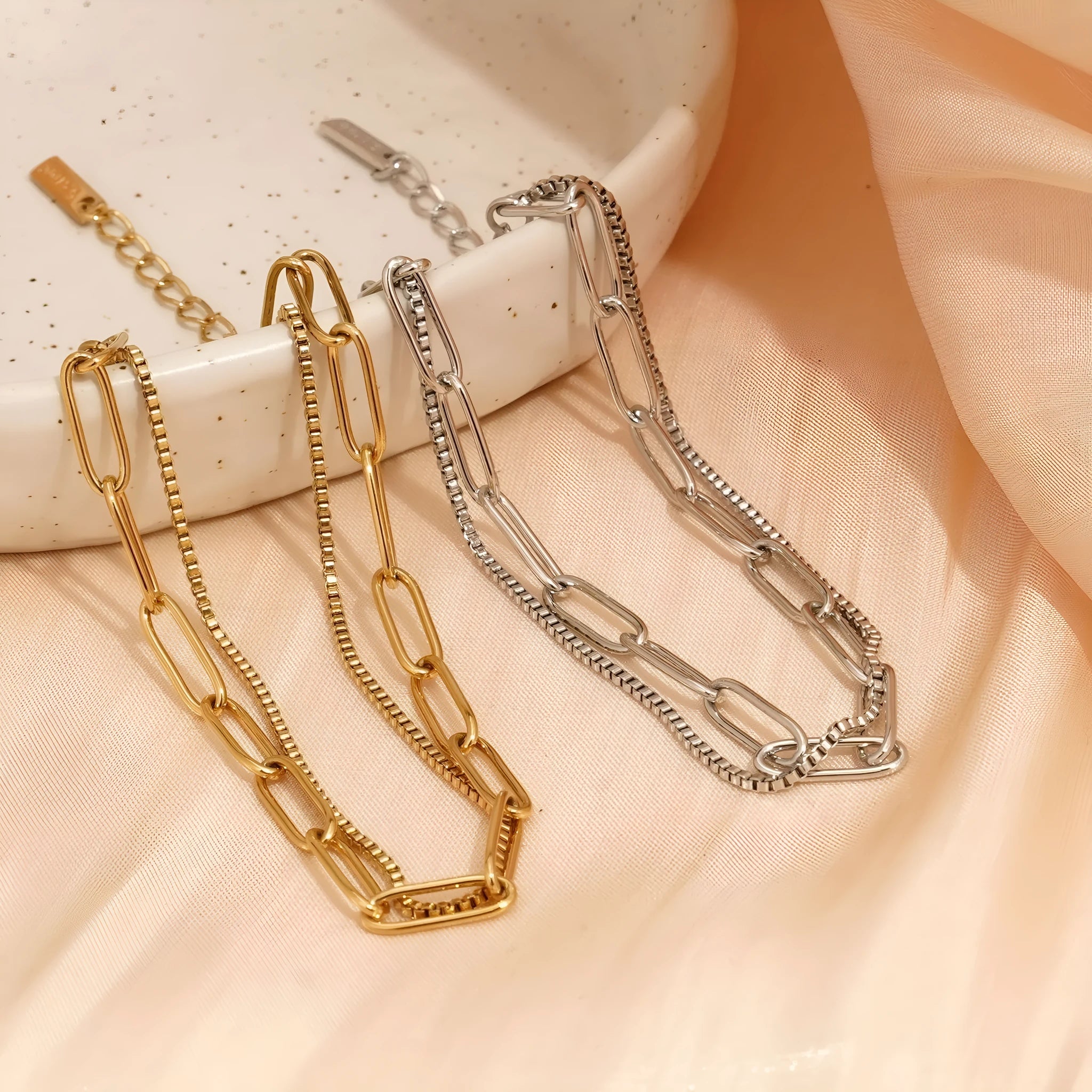 Geometric women's bracelet with double layer twin titanium steel design and electroplated gold or silver finish