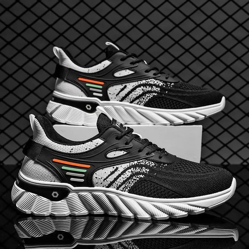 Men's white blue and black platform casual running shoes with cross shoulder straps and rubber sole.