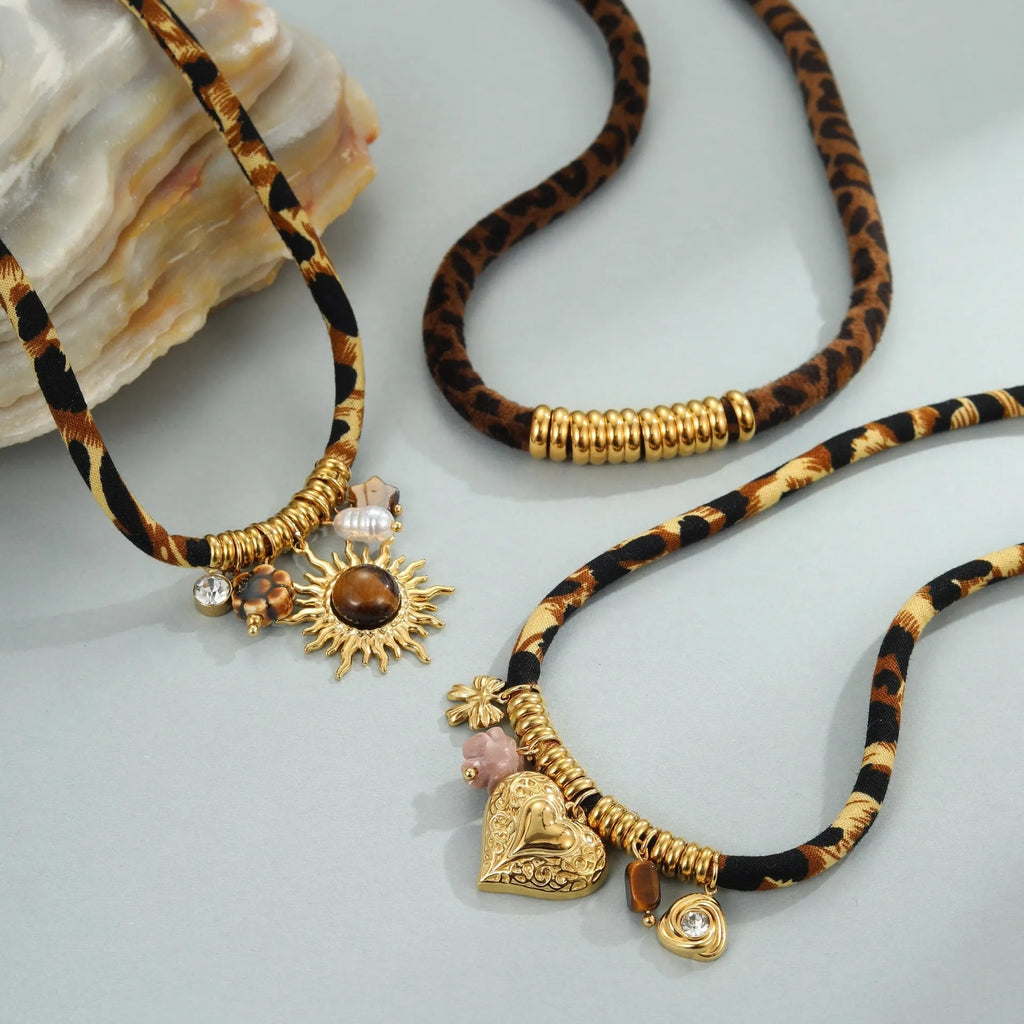 Women's geometric leopard design necklace in stainless steel with gold plating and adjustable chain