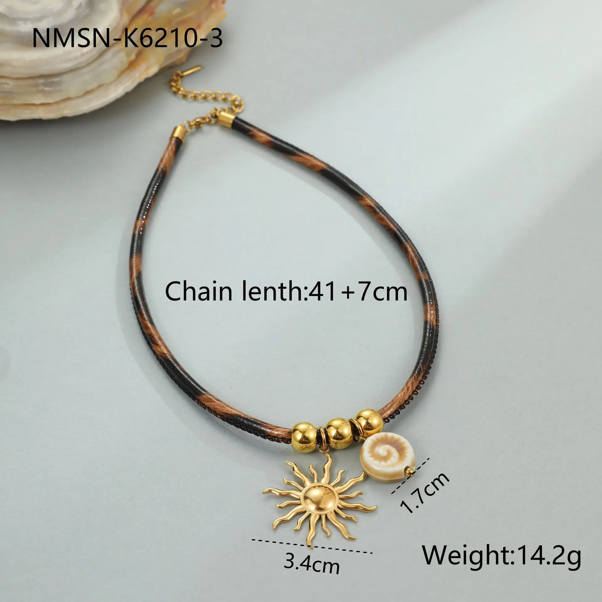 Leopard leather geometric pendant stainless steel necklace for women with adjustable chain