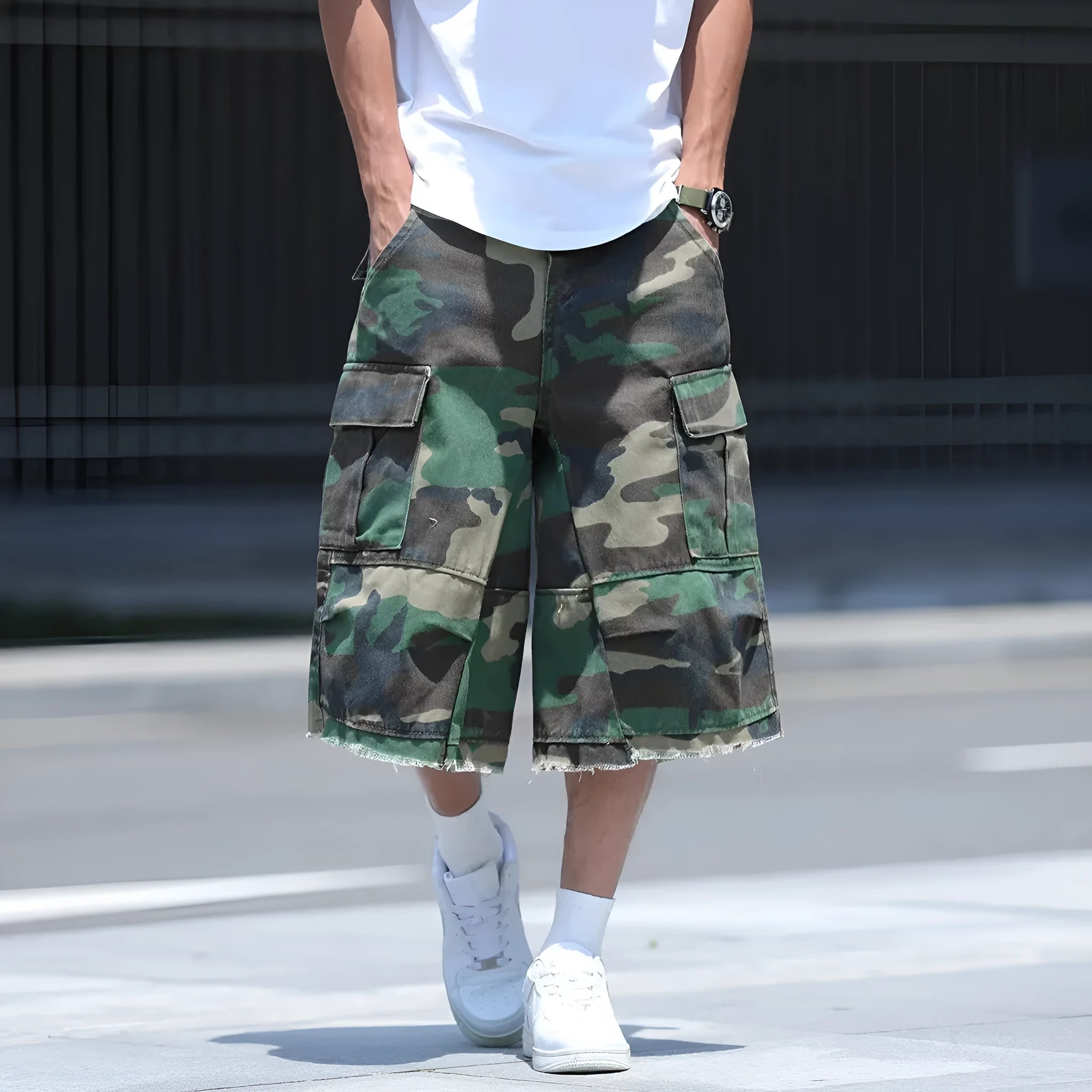 Men's camouflage pattern shorts with retro workwear styling and loose cropped fit