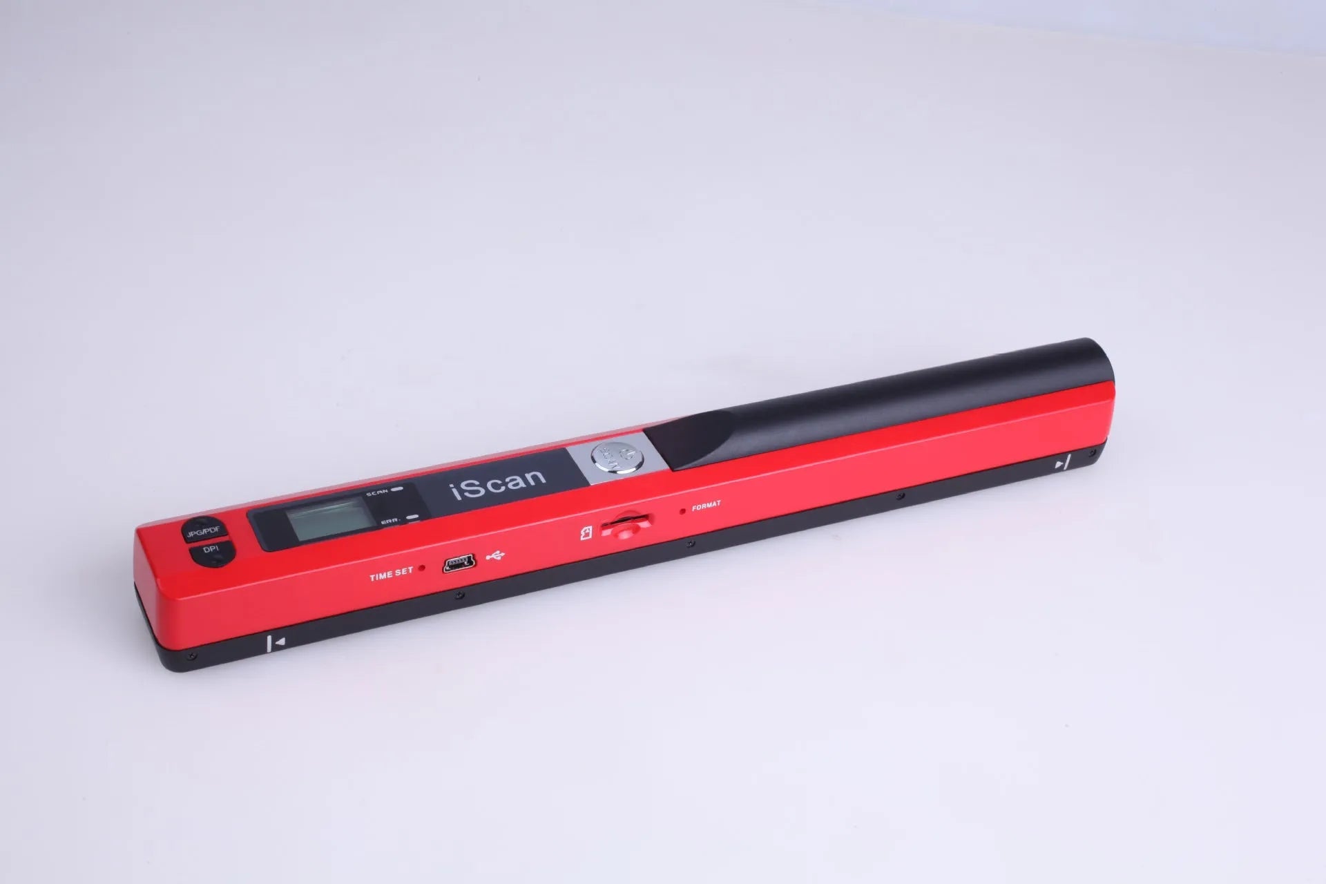 Handheld plastic barcode scanner in black, blue, green, red or silver colour with trigger button