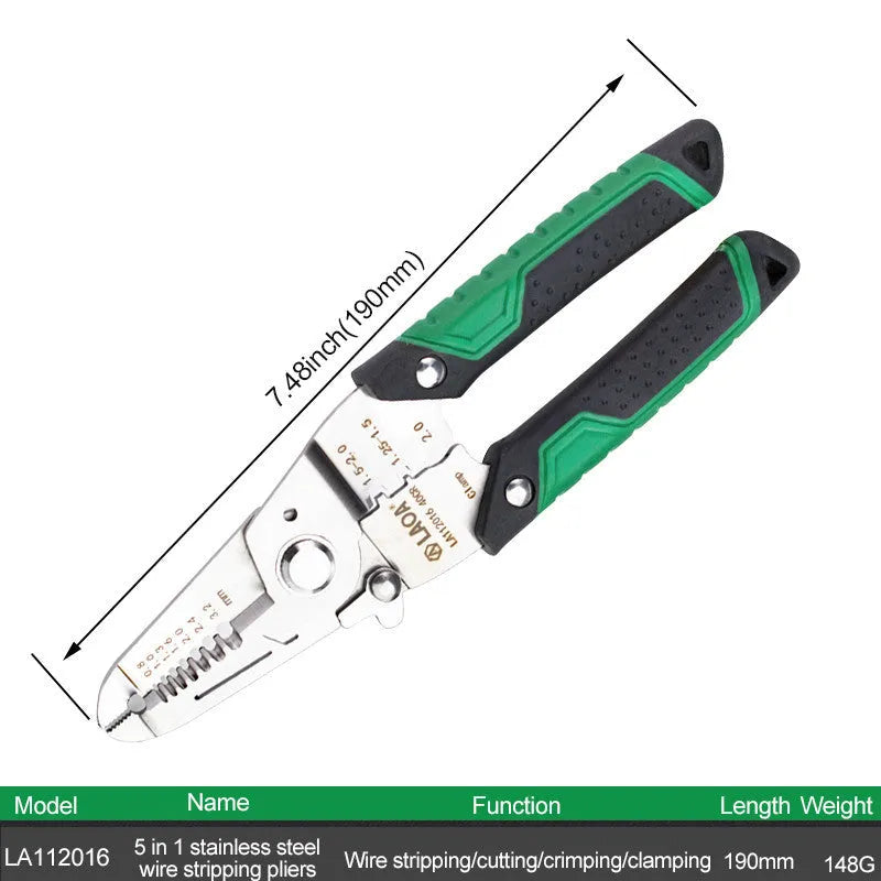 Stainless steel multifunction wire stripper with seven sized ports and two-colour handle