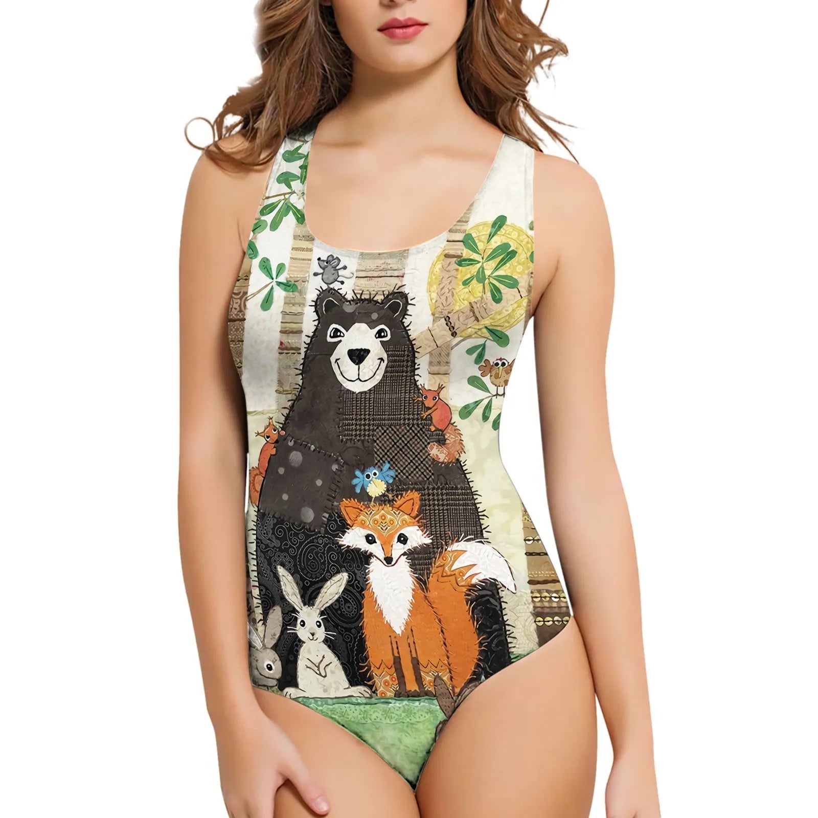 Women's sleeveless one-piece swimsuit with a detailed 3D printed butterfly pattern on blue fabric.
