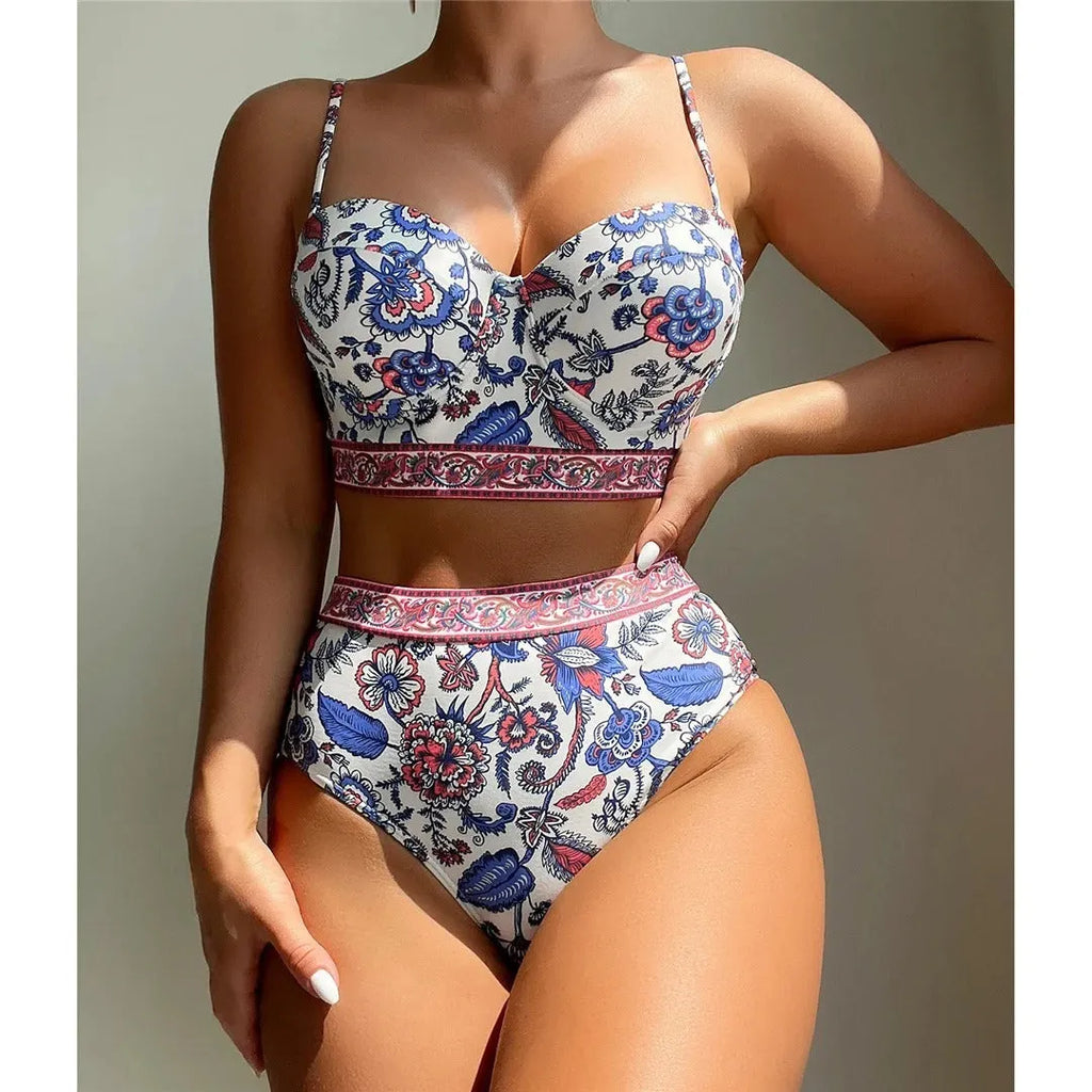 Blue women's high waist push-up bikini swimsuit with polyester fabric