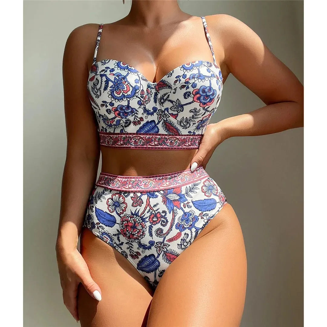 Blue women's high waist push-up bikini swimsuit with polyester fabric