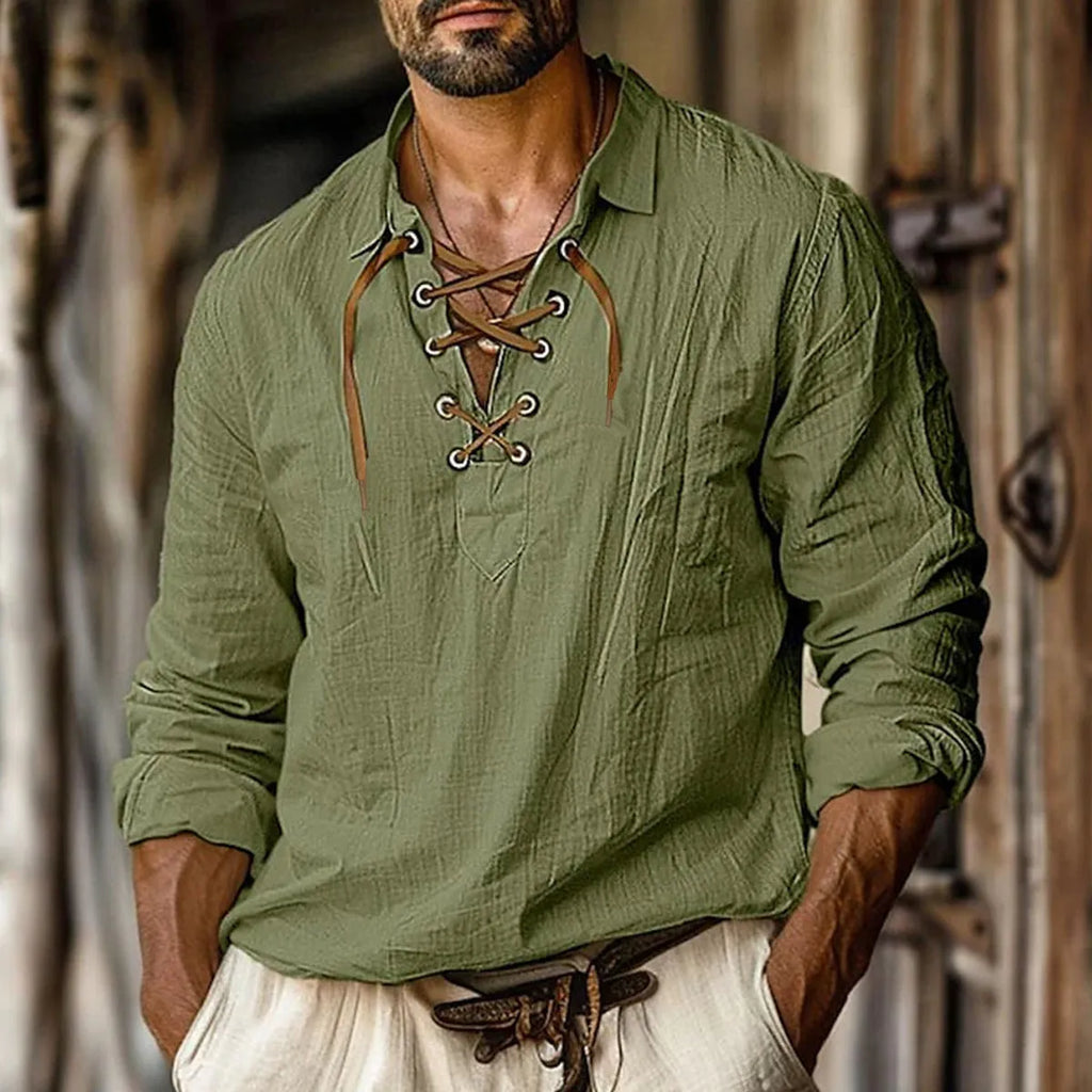 Men's plus size linen blend shirt in solid colour with loose fit long sleeves