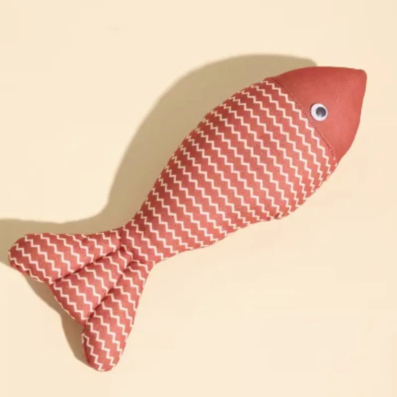 Catnip-filled fabric fish cat toy in blue, red, and yellow colour options