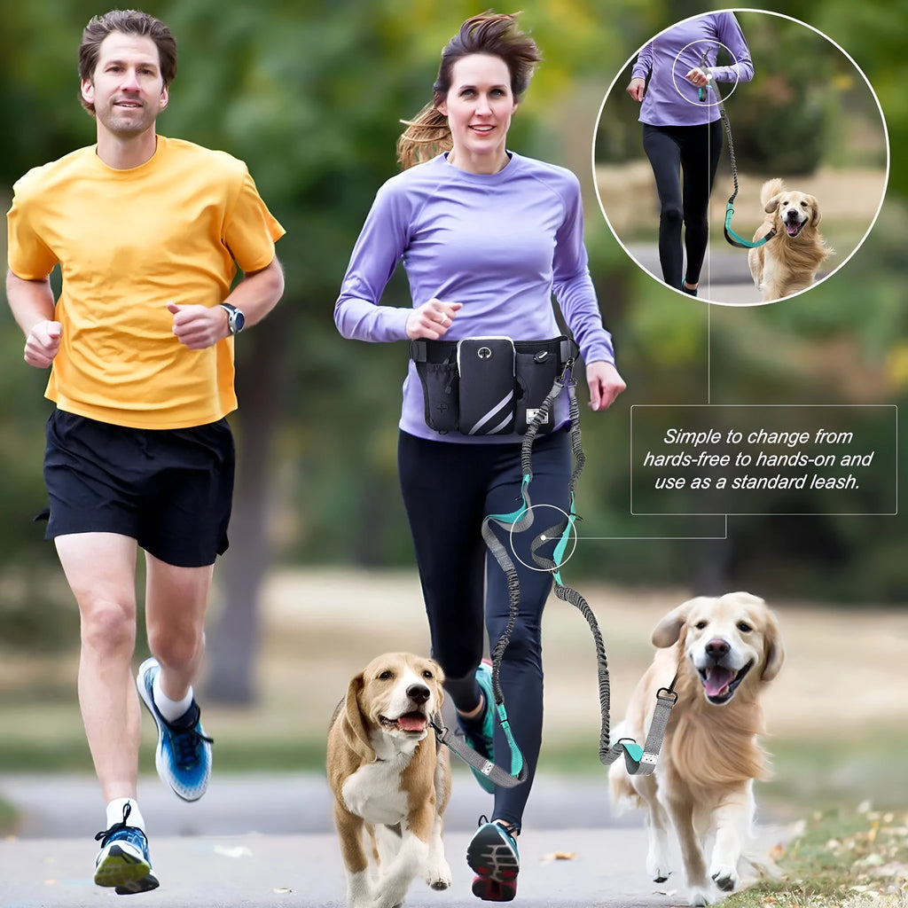 Black nylon outdoor dog walking set showing a waist bag and a hand-holding leash with collar attachment.