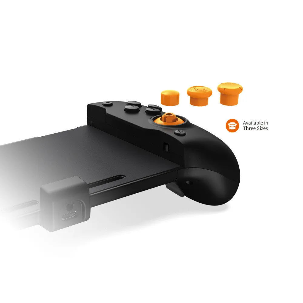 Black portable Switch gamepad attached to Nintendo Switch OLED console showing controller layout
