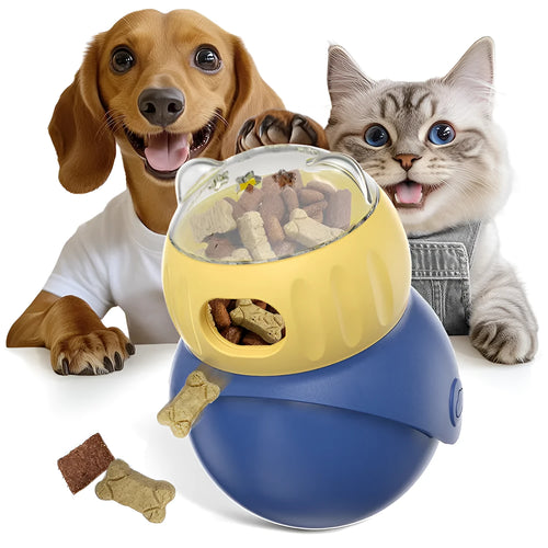 Morandi yellow and blue plastic owl-shaped cat puzzle feeder toy for slow feeding.