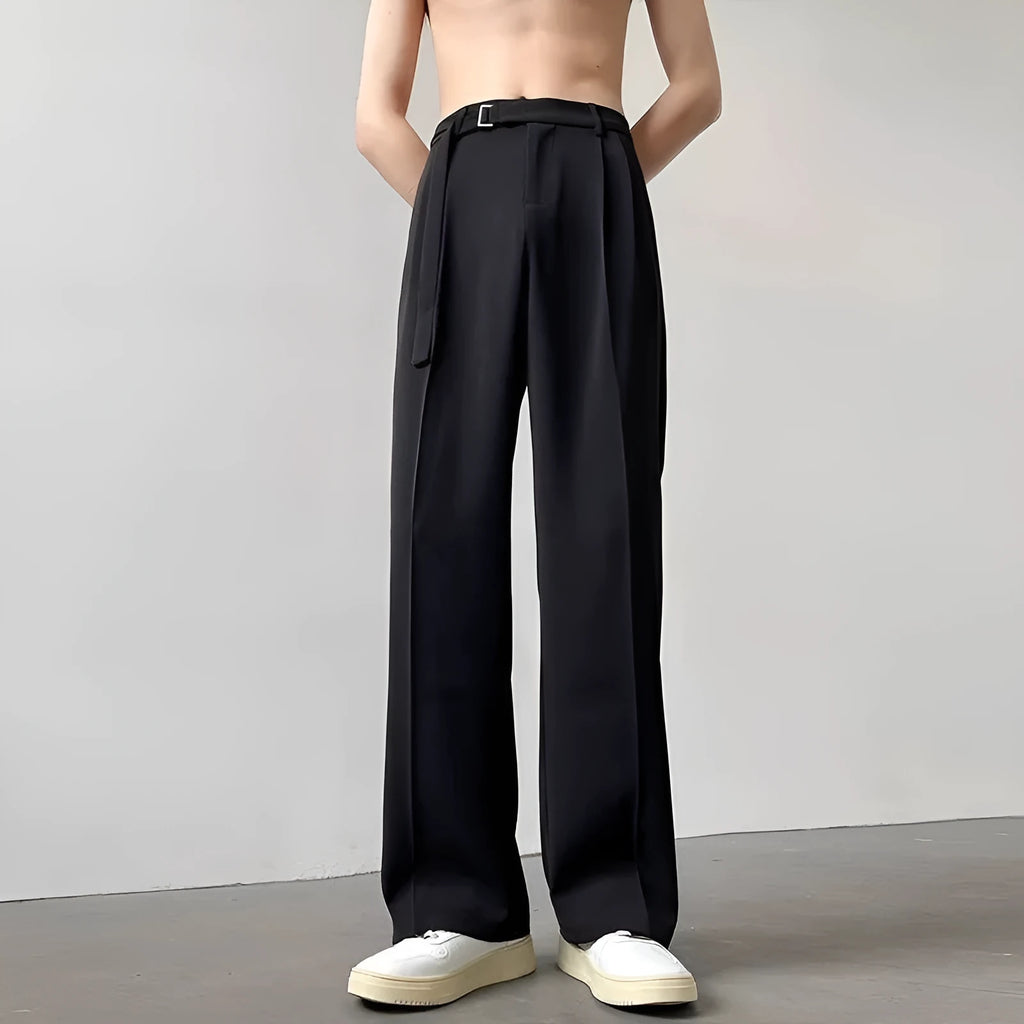 Thin straight wide leg trousers in black chemical fibre blend fabric with non-ironing feature