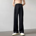 Thin straight wide leg trousers in black chemical fibre blend fabric with non-ironing feature