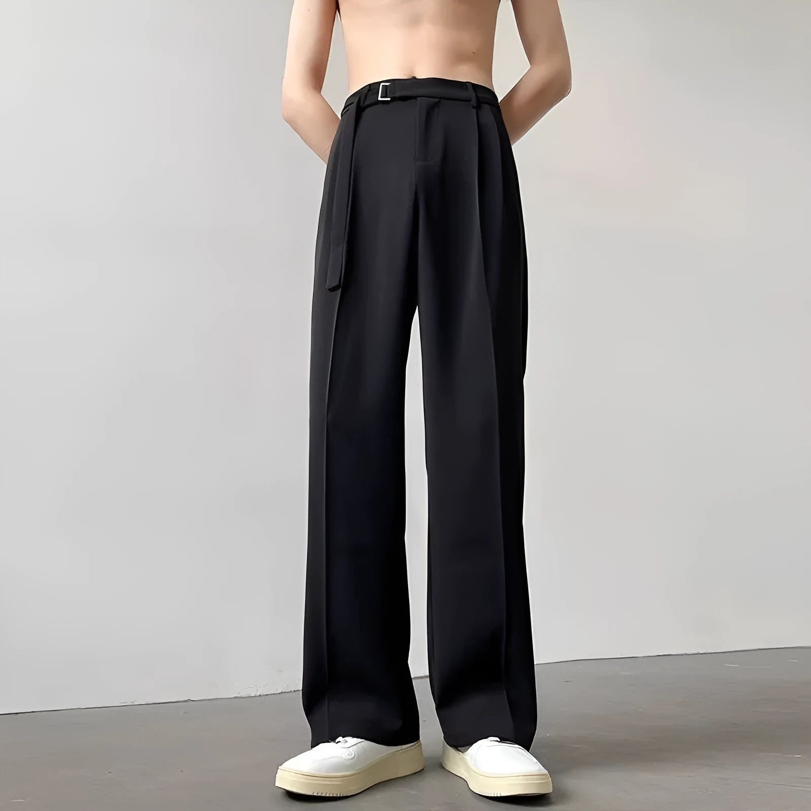 Thin straight wide leg trousers in black chemical fibre blend fabric with non-ironing feature