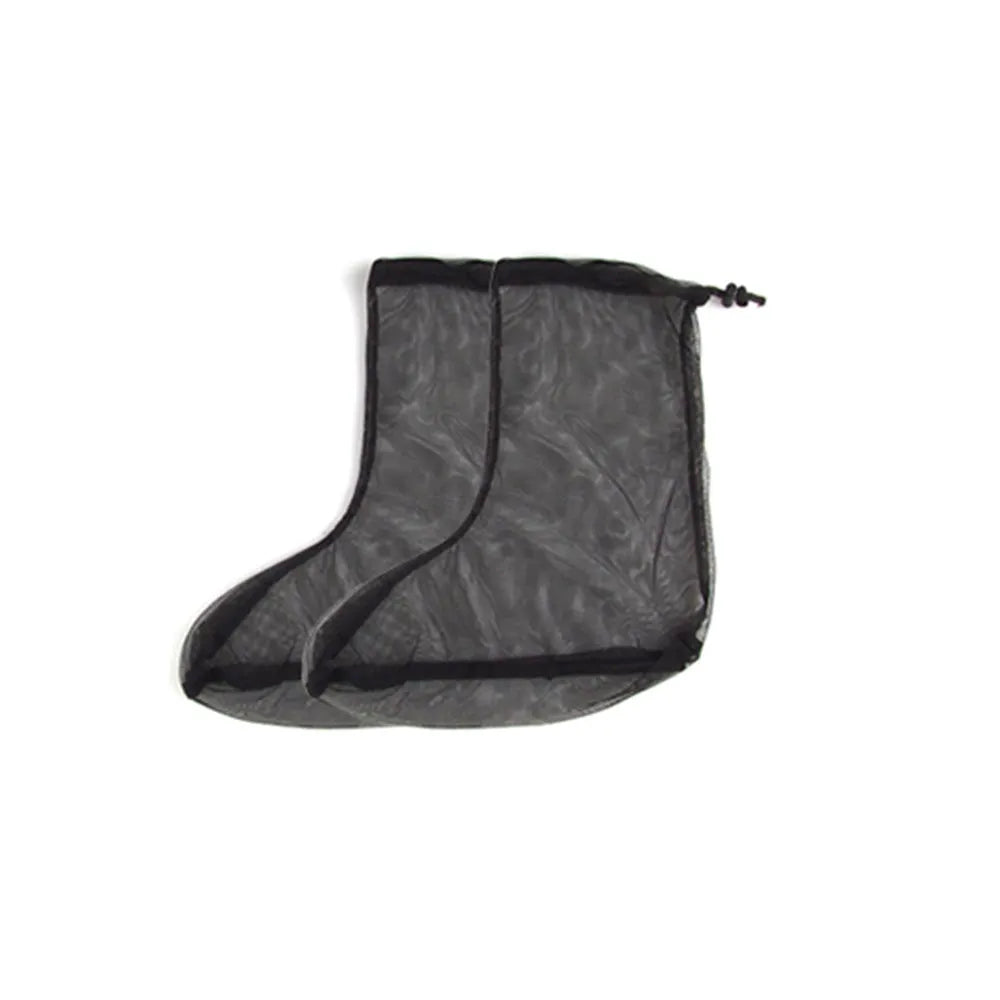 Four-piece mesh anti-mosquito suit set showing hooded top, pants, and booties for outdoor camping and fishing.