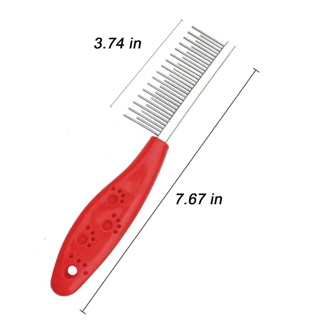 Red pet grooming comb with stainless steel short and long teeth and a plastic anti-slip handle.