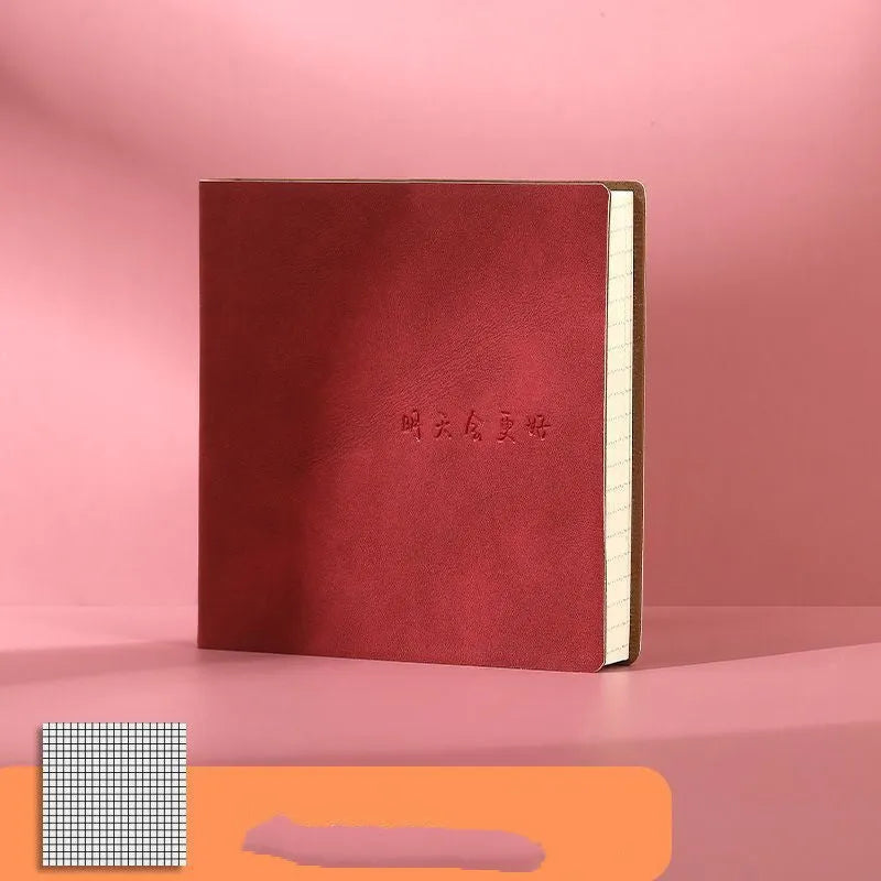Square faux leather notebook with Daolin paper pages in peach pink, avocado green, and blueberry purple colour options