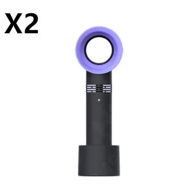 Compact portable bladeless desk fan with USB cable and base, shown in blue.