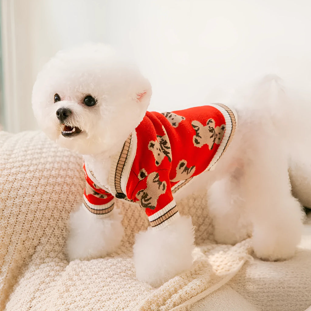 Pet dog simple warm knitted sweater in wrapped heart yarn, showing size options from XS to XL and colours Beige Bear Black Blue Bear Grey Red Bear