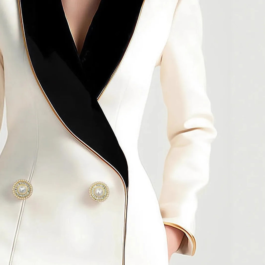 Women's beige irregular trench coat with golden edge pearl buttons and long sleeves